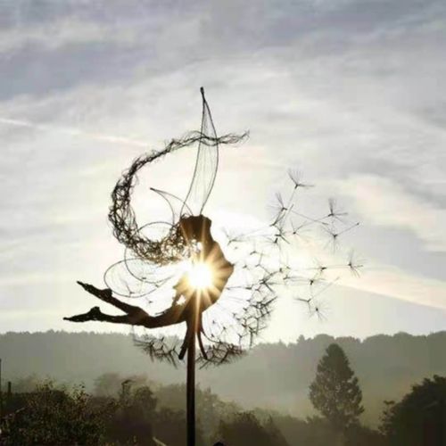 Dandelion Figurine Fairies Pixies Dancing Fairy Statue Steel Wires Fairy Garden Miniature Sculpture Mythical Garden Yard Decor